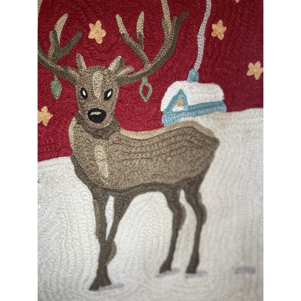 Pottery Barn Christmas Reindeer Embroidered Pillow Cover Red White Used 18x18